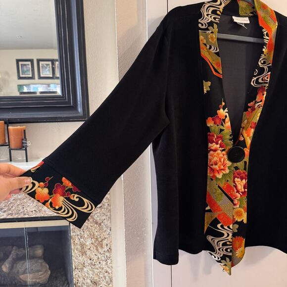 Soft Surroundings Womens Black Floral Trim Asian 1-Button Kimono Jacket XL USA - Picture 2 of 6
